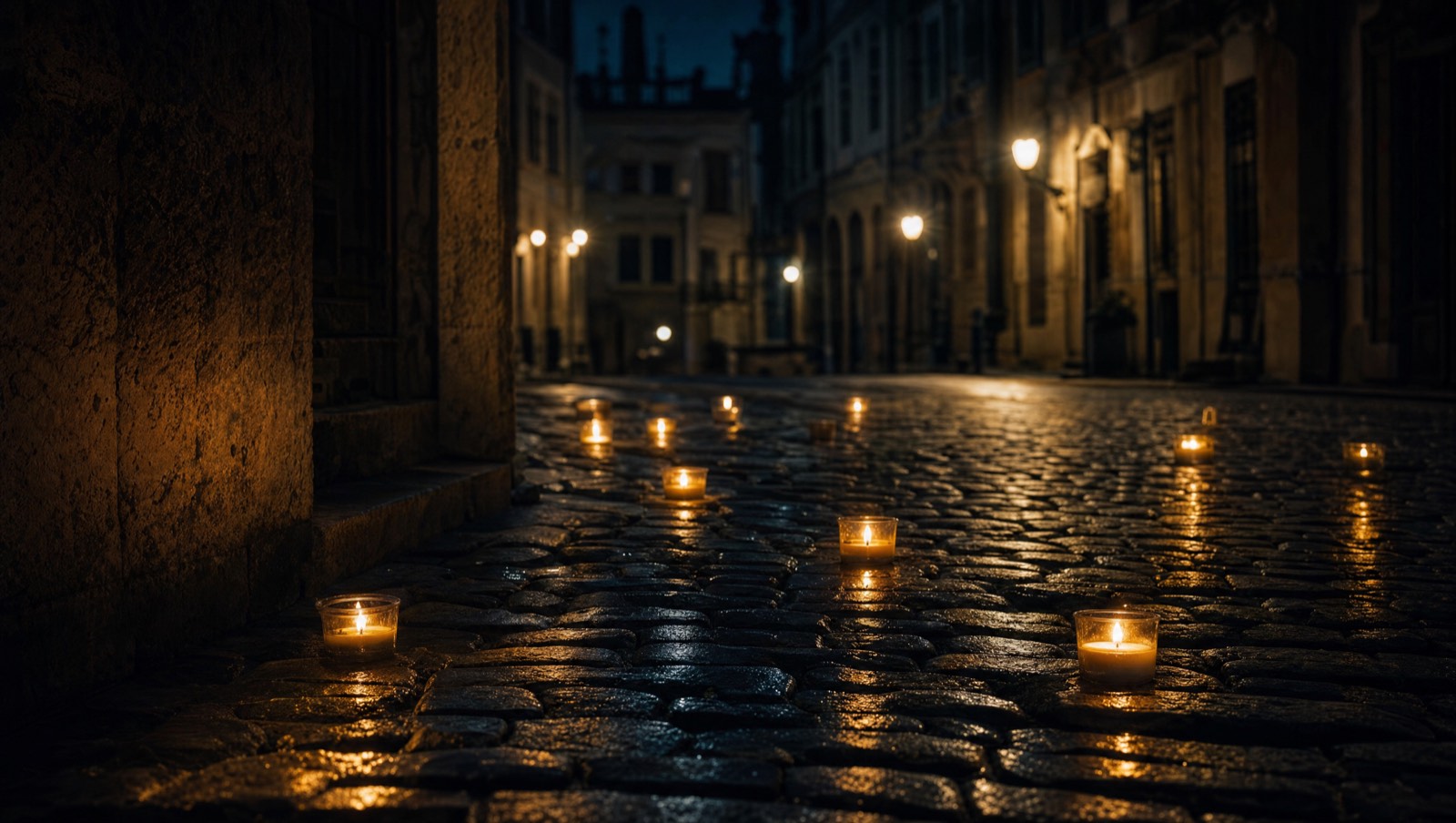 Illustrative image: memorial candles on a street. AI-generated, not a photograph.