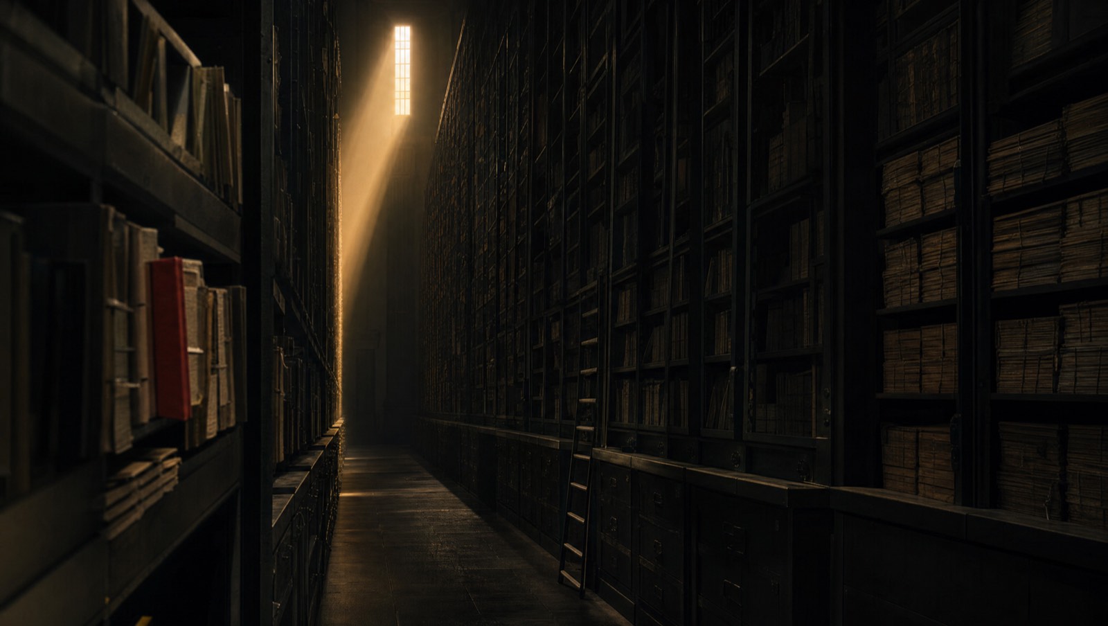 Illustrative image: a dark archive hall. AI-generated, not a photograph.
